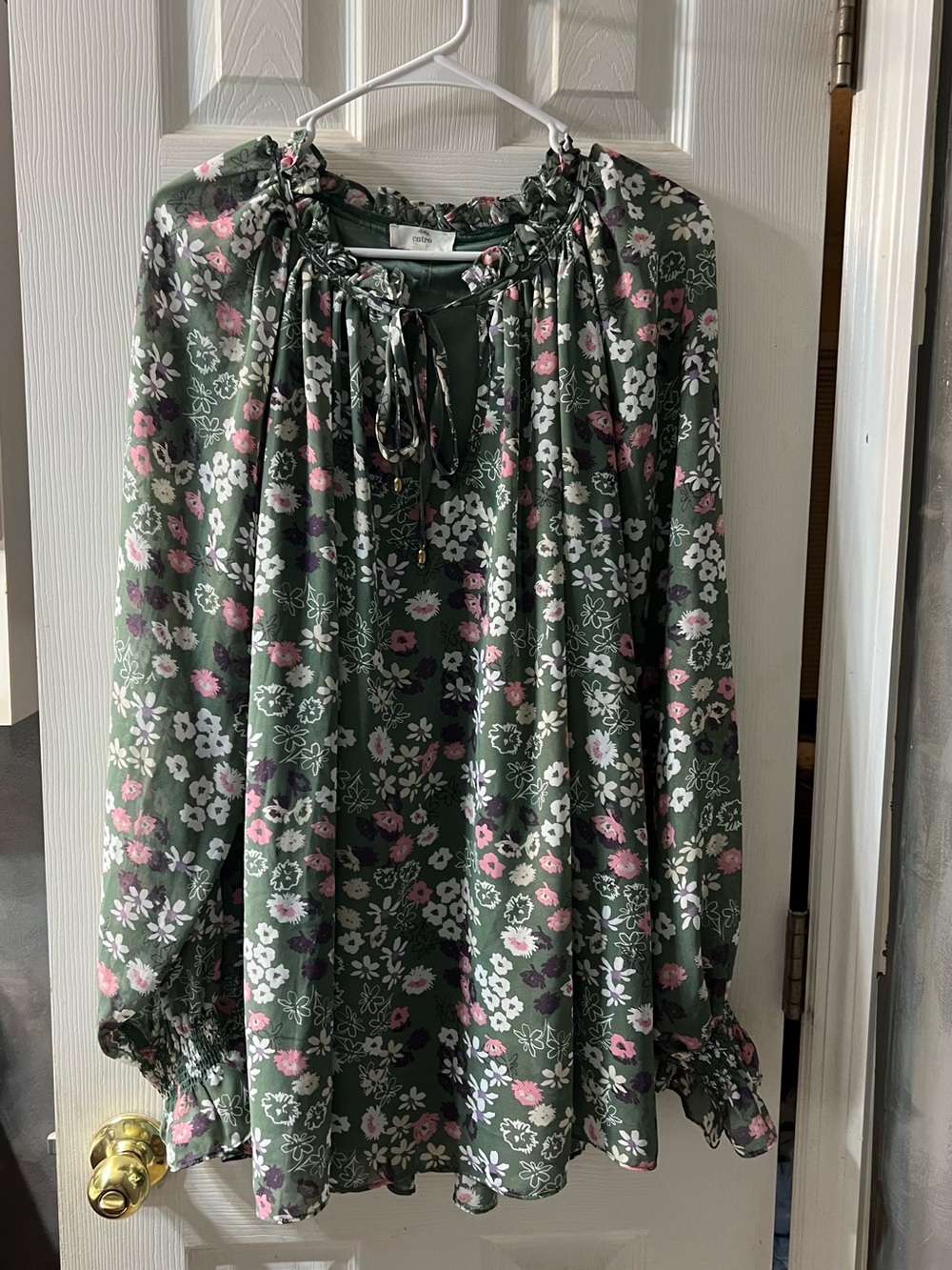 Entro Cottagecore Green Floral Tie-Neck Ruffle Blouse – Women’s 1X
